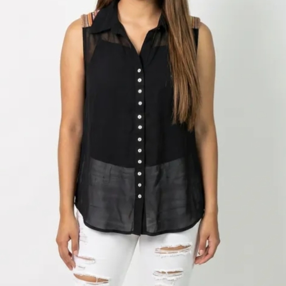 Fun & Flirt Sheer Black Sleeveless Blouse Medium Open Back Tribal Print